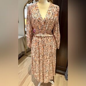 Old Navy Peach Floral Long Sleeve Midi Dress